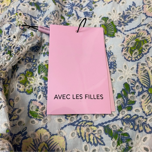 Avec Les Filles Floral Eyelet Puff Sleeve Mini Dress Size Medium Blue Green - Picture 6 of 10